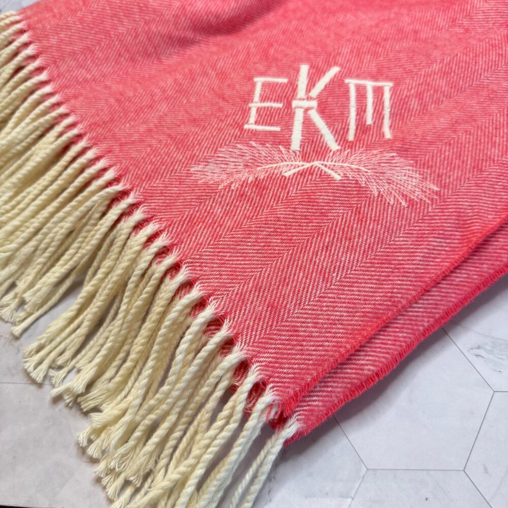 Lands Downunder Throw Blanket Pink Herringbone 52x60" Fringe EKM Monogram in EUC
